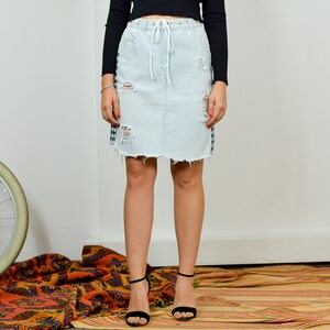 Reworked denim skirt W29 Frayed lace up Mini cut off light blue jean Vintage 90's High waisted Pockets 90's M Medium image 5