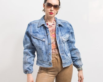 80's oversized denim jacket motorcycle Vintage biker embroidered women size L/XL