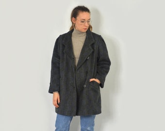 80's Wool Coat Mohair gray checkered gray warm Vintage jacket winter women L Large