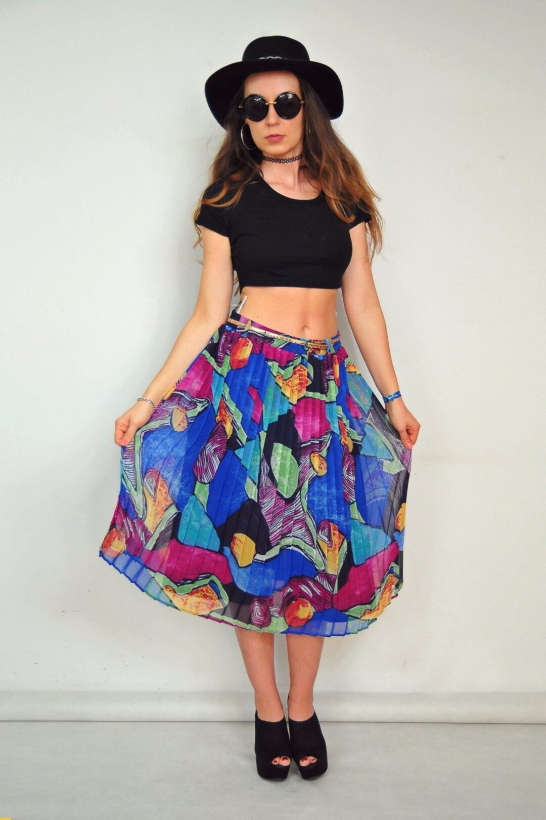 Abstract Pleated Skirt Prychedelic Print High Waisted