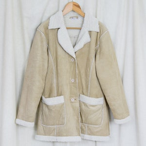 Faux suede jacket cream sherpa winter coat shearling beige vintage XL image 2