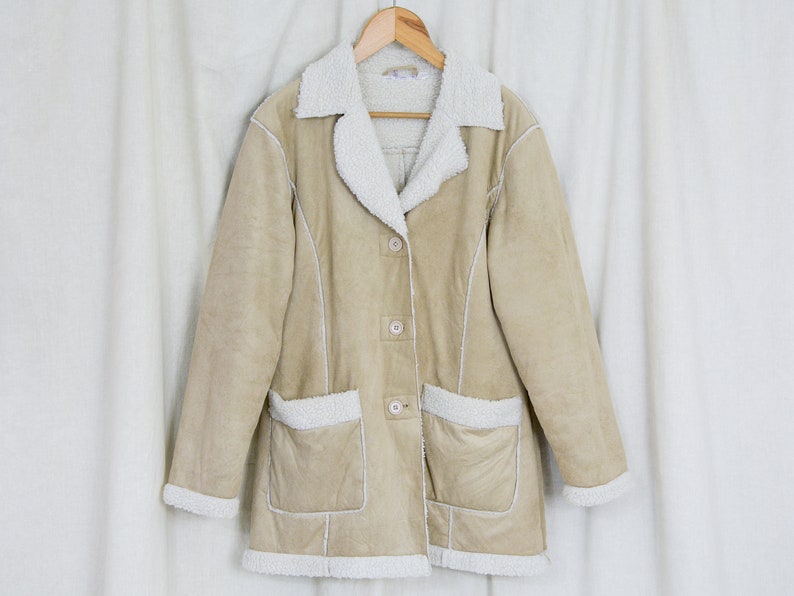 Faux suede jacket cream sherpa winter coat shearling beige vintage XL image 2
