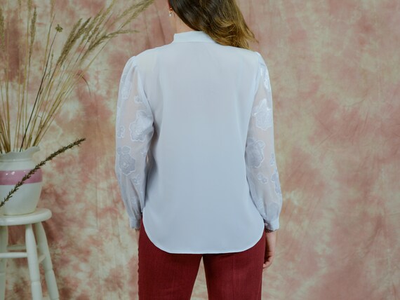 White roses shirt 80s vintage puffy sleeve mesh s… - image 5