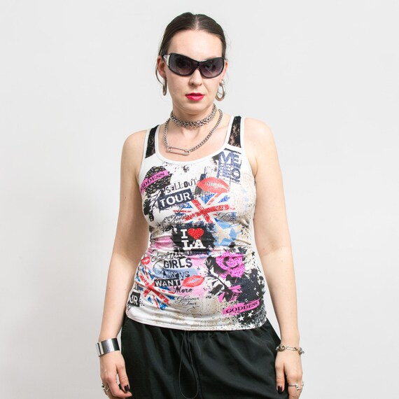 Y2K Punk Tank Top Vintage Sleeveless Glitter Lace Beaded Shirt