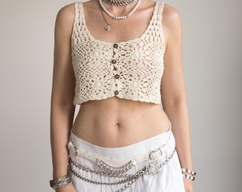 Boho Crochet Crop Top | vintage sleeveless openwork summer festival blouse | women size S