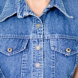 Button up down denim dress Vintage 90's jeans sleeveless florall bottom skirt pockets summer tied waist blue M Medium image 3