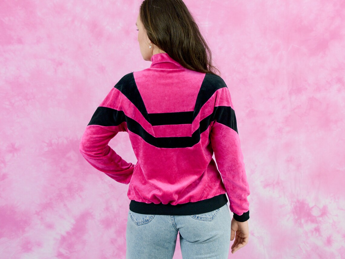 Pink velvet sweatshirt zip up velour jumper vintage women M/L Etsy