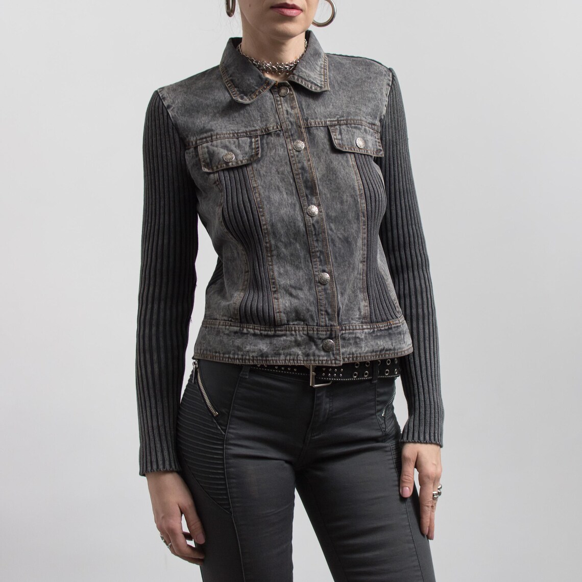 Vintage Cropped Denim Knit Jacket Y2K Ribbed M/L, foto 3 di 5