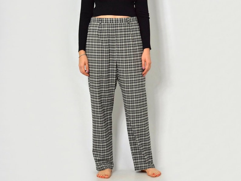 Checkered pants RETRO black white super High waisted trousers retro loose fit leg vintage hipster XXXL