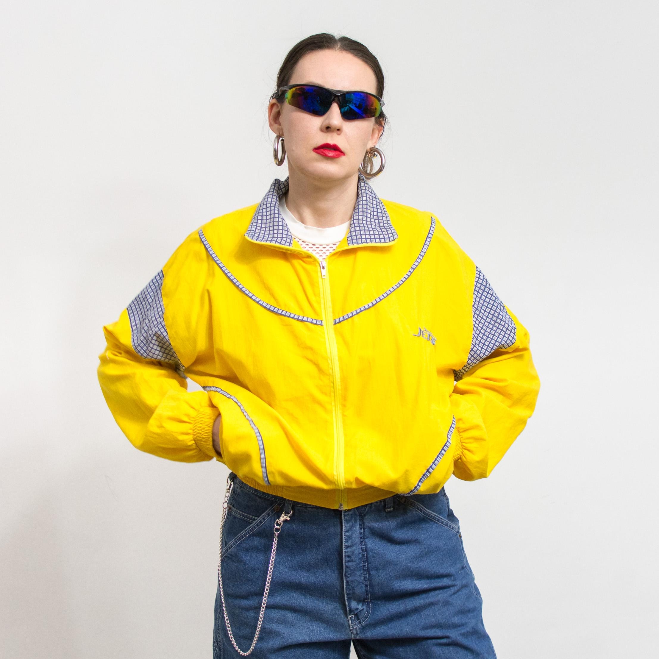 Vintage Yellow Track Jacket 90's Spring Windbreaker Women Size L