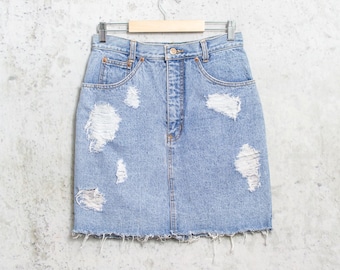Mini Distressed Denim Skirt | destroyed grunge high waist pencil | frayed hem | women's size S