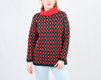 Red black sweater turtle neck wool chessboard geometric warm jumper L/XL