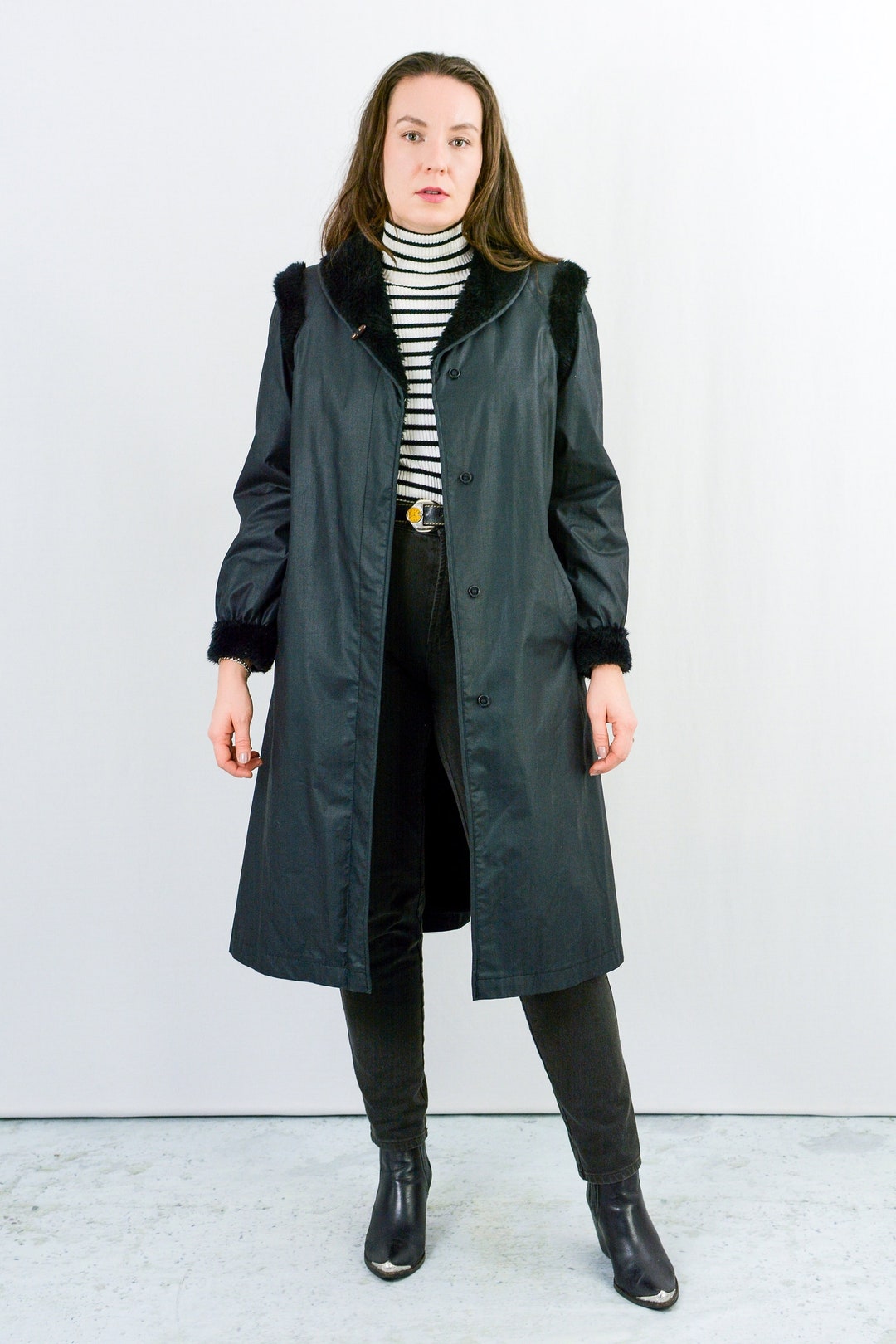 Black Coat Vintage 80s Warm Trench Faux Fur Lining Women S/M - Etsy