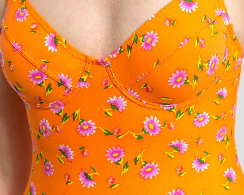 90s one piece swimsuit orange floral spaghetti straps vintage women size S image 2