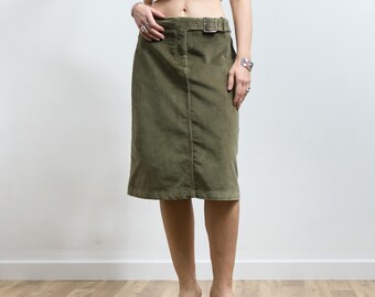 Falda midi de pana vintage Y2K verde oliva con cinturón L