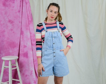 Denim salopettes JOY vintage 90s bleu clair shortalls jeans bouton jusqu’à pantalons d’été dungarees romper combinaison femmes L