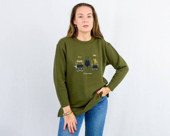 Vintage 90s Green Sweatshirt Women Teddy Bearjumper Long Sleeve L
