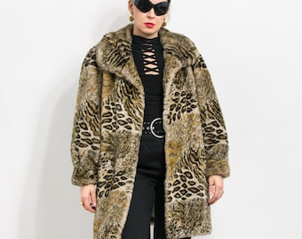 Vintage 80's Monterey Fashions Faux Fur Coat Leopard Cheetah Brown