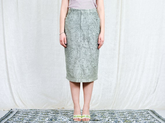 Pencil Corduroy Skirt 80s Vintage Light Green Pistachio Grey Olive L Large Etsy