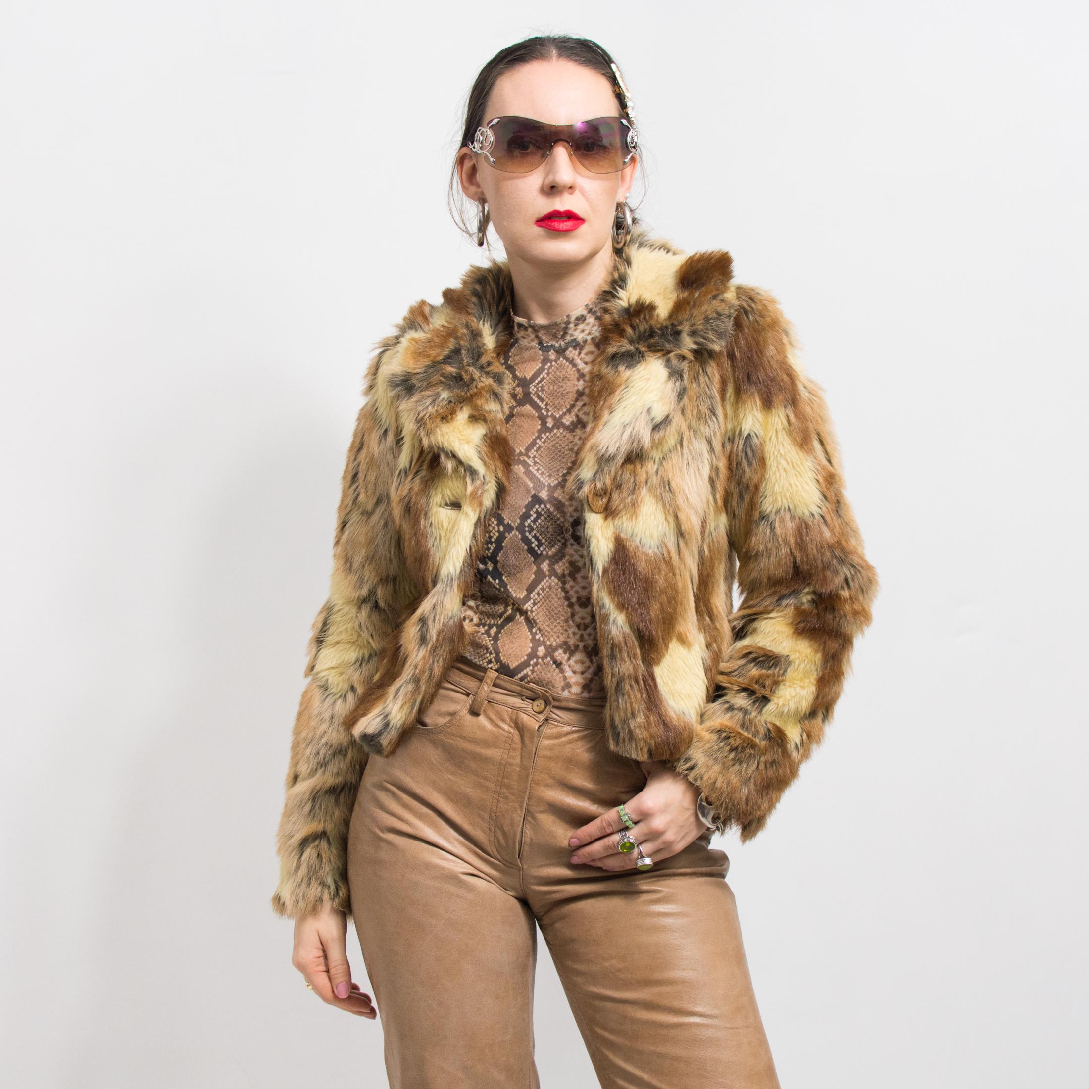 Y2K Faux Fur Jacket Vintage Animal Pattern Women