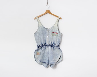 Combinaison en jean d'été 80s/90s shortalls vintage délavé femmes taille M/L