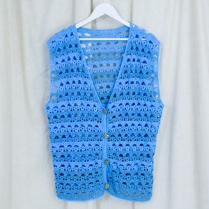 Blue sweater vest vintage handmade cardigan croched sleeveless one size XL-XXXL image 2