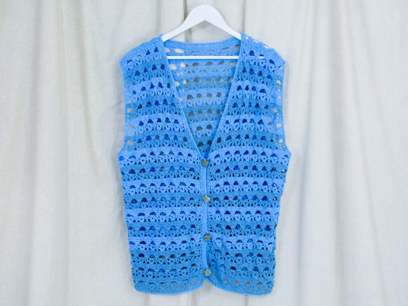 Blue sweater vest vintage handmade cardigan croched sleeveless one size XL-XXXL image 2