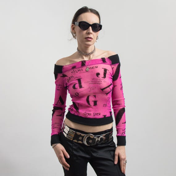 Y2K Sheer Mesh Top Off-Shoulder Pink Glitter S