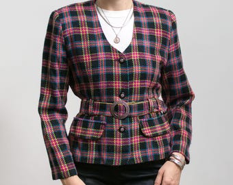 Elegant vintage tartanrutig kavaj med bälte L