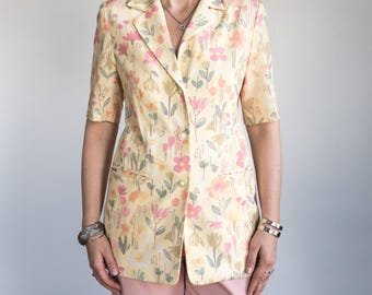 Blazer floral vintage de los años 90 / chaqueta de verano de manga corta con estampado arcoíris / talla L para mujer