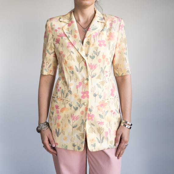 90s Vintage Floral Blazer Rainbow Short Sleeve Summer Jacket