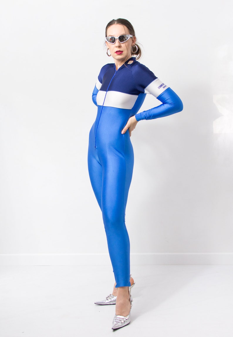 Vintage lycra jumpsuit blue athletic tracksuit coveralls women size S/M image 7