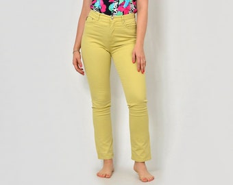 FENDI jeans Vintage yellow pants trousers high waist straight fit leg elastane hipster unisex 1990's L Large