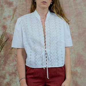 Ethnic white blouse short sleeve lace shirt retro minimalist XL/XXL