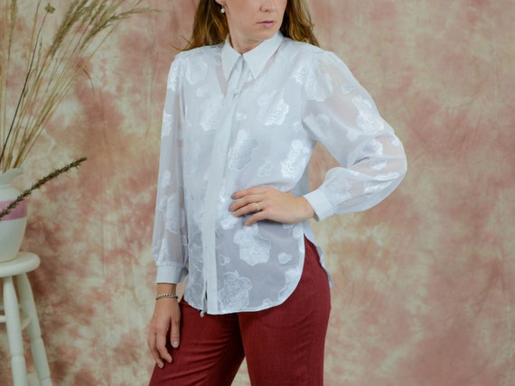 White roses shirt 80s vintage puffy sleeve mesh s… - image 1