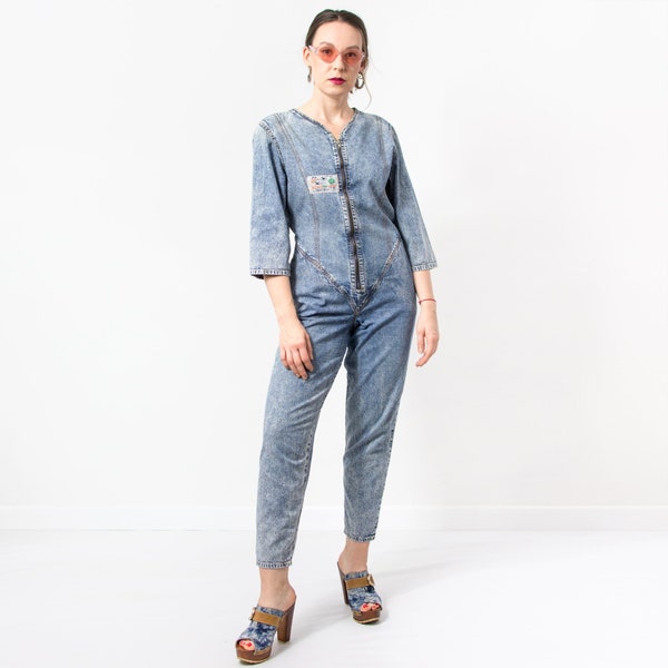 Combinaisons en denim des années 80 VINTAGE combinaison délavée femmes taille M/L