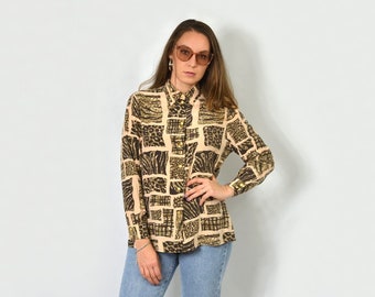 Vintage blouse Animal print Retro top abstract printed 80s shirt beige button up down long sleeve M Medium