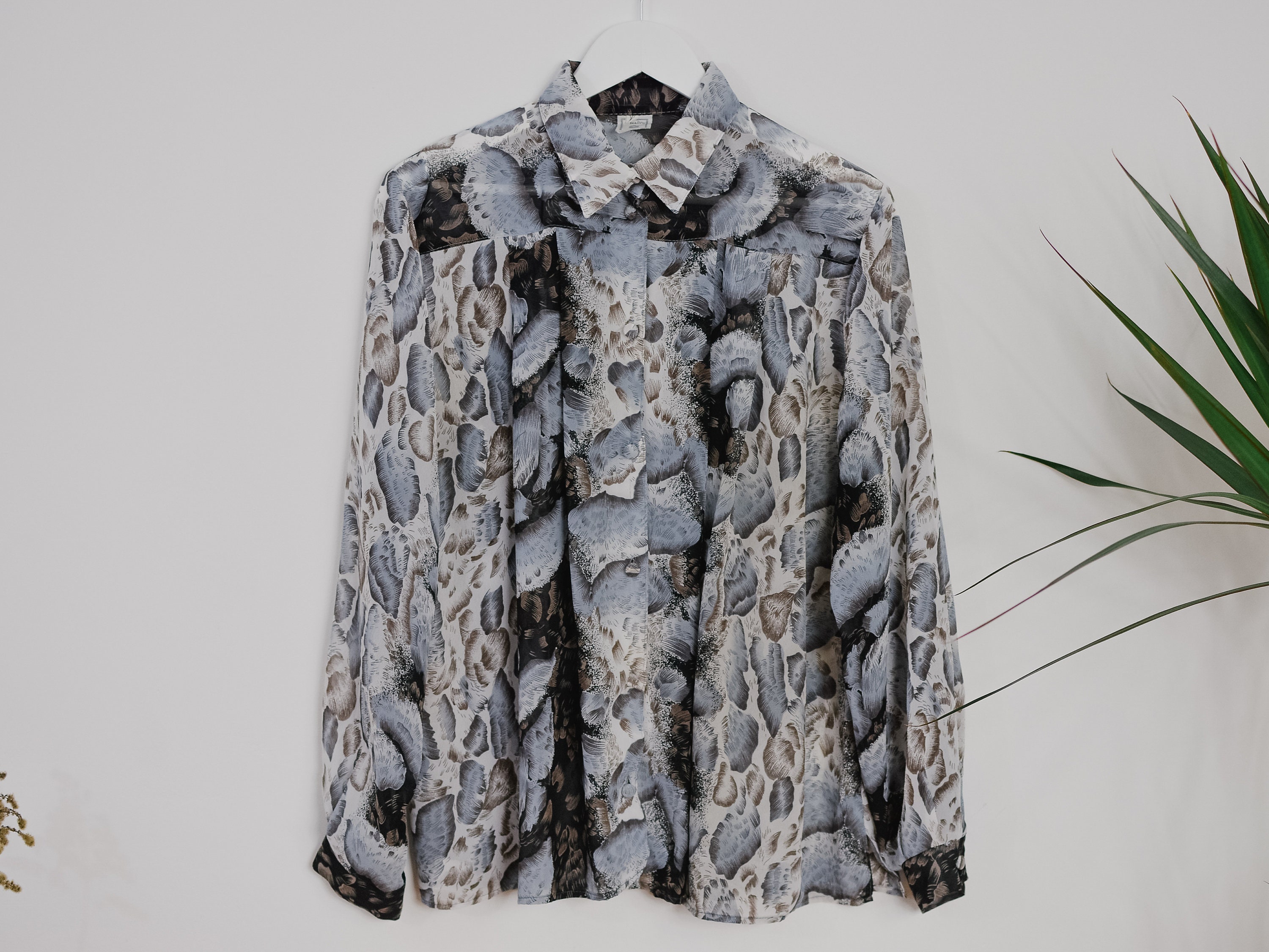Animal Pattern Blouse Sheer Shirt Vintage Gray Black Top