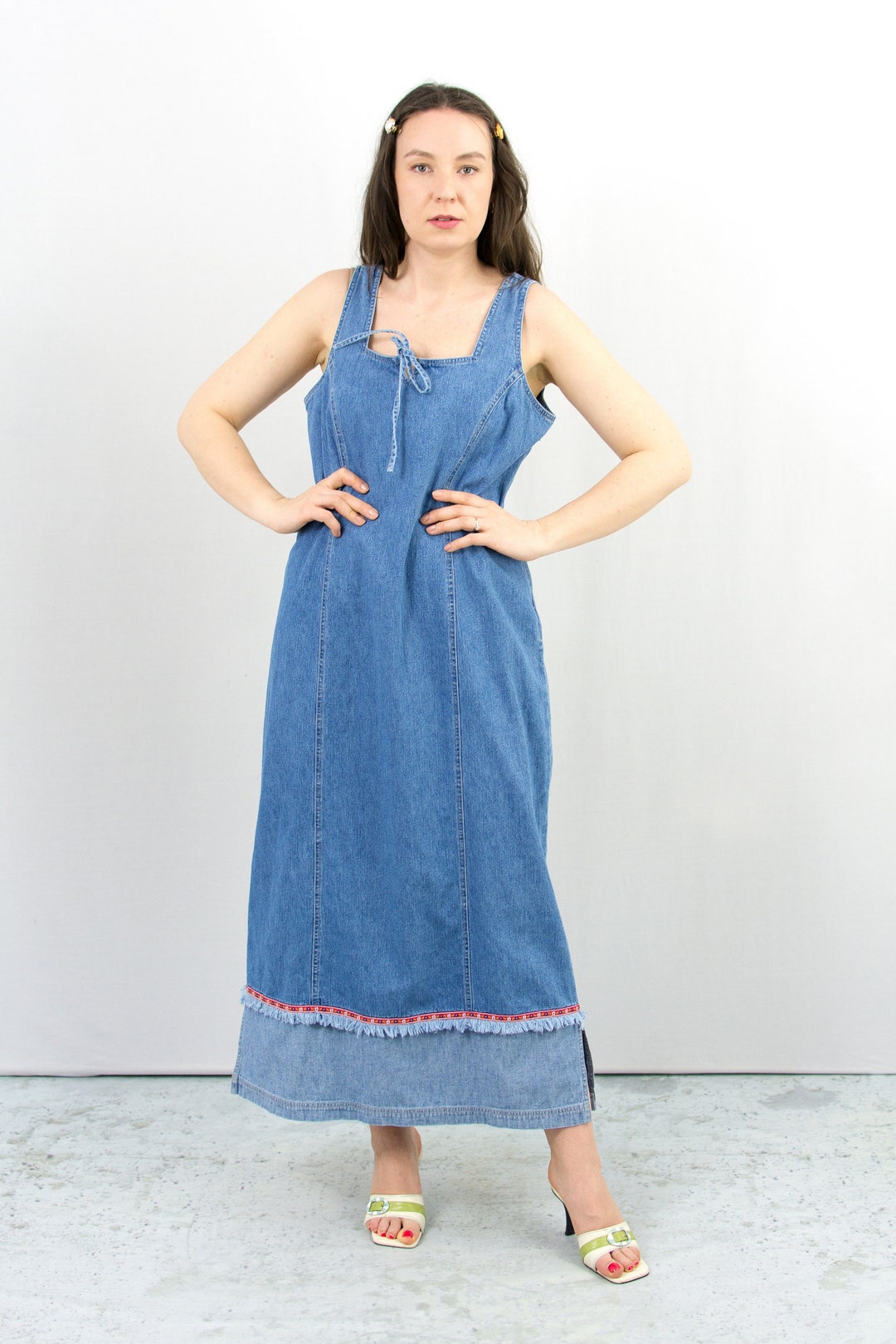 vintage denim maxi dress Days dress, Latte Small Functional side and back pockets Vintage Denim Dress 90s Blue