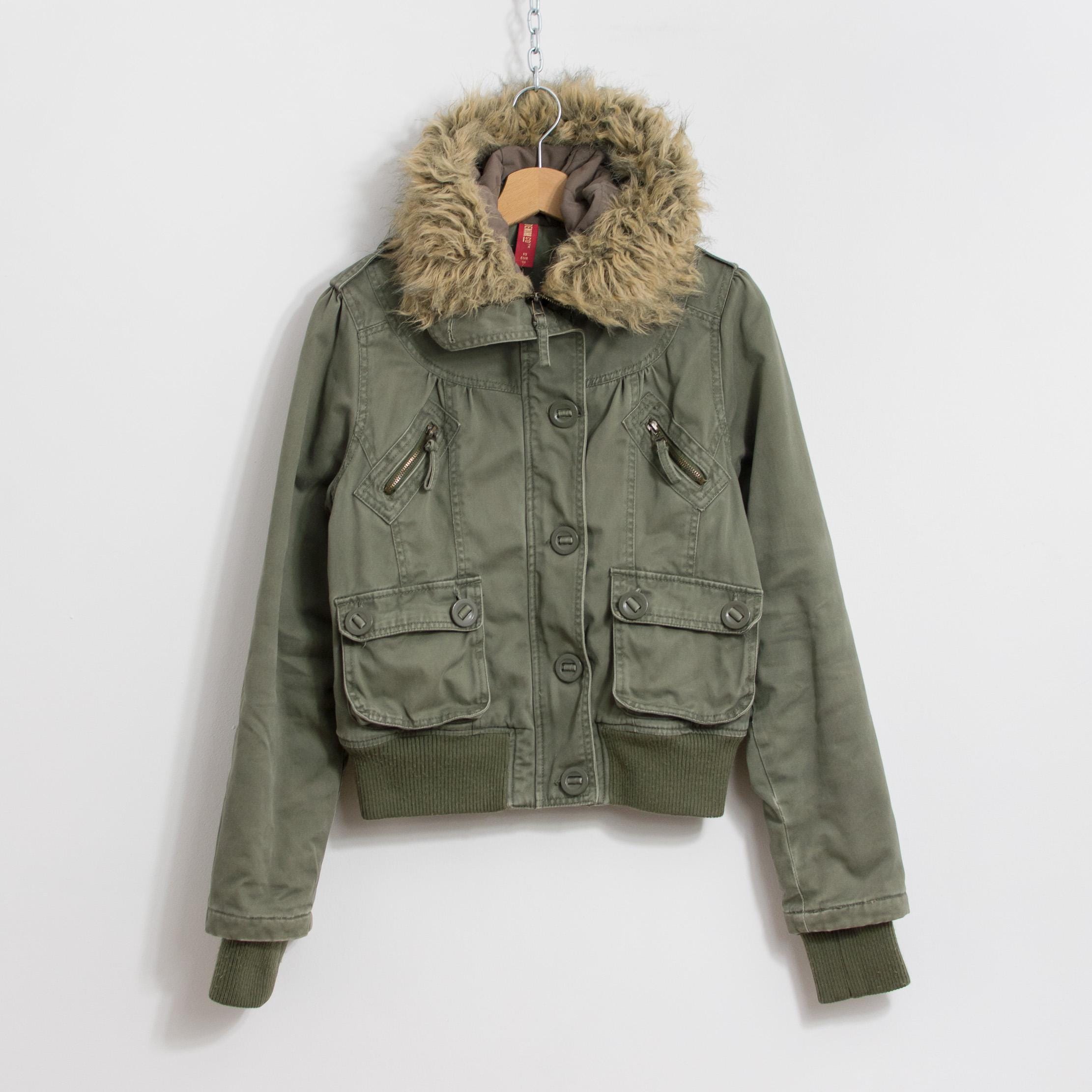 Vintage Y2K Khaki Military Jacket With Faux Fur Hood M - Etsy