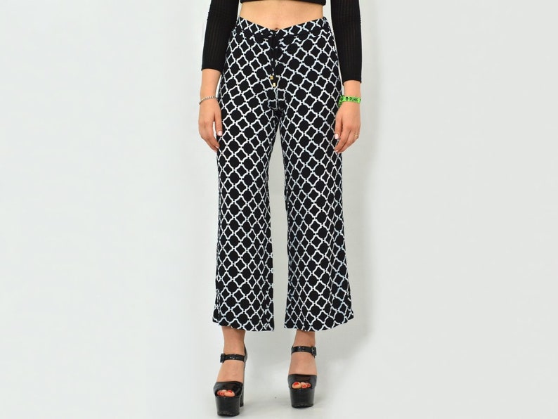 Patterned pants Vintage geometric White black Printed wide bell leg hipster 1990's elastic waist M/L image 3