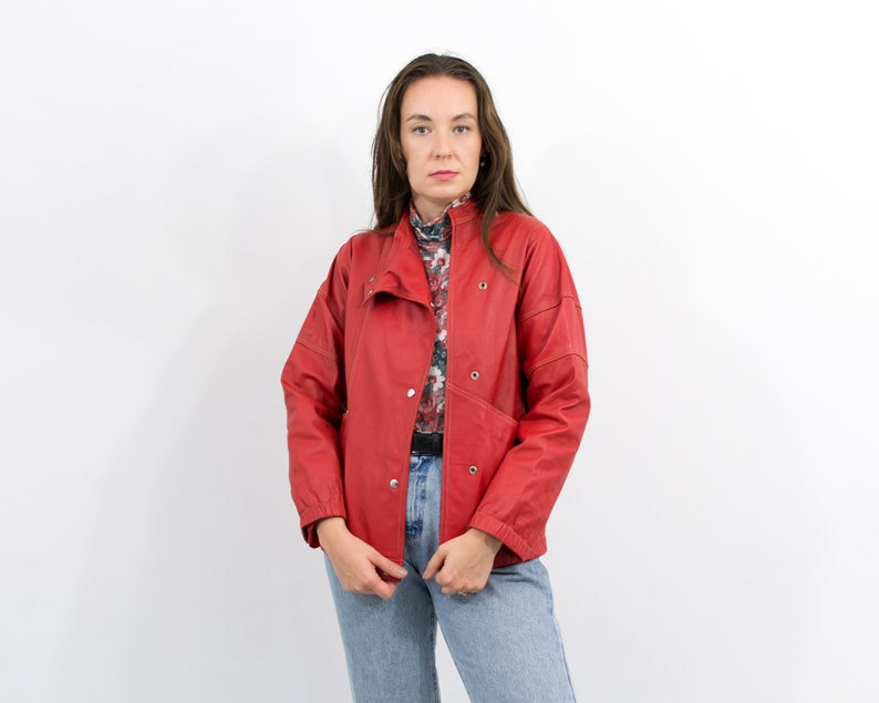 Red leather jacket vintage biker women size M image 9