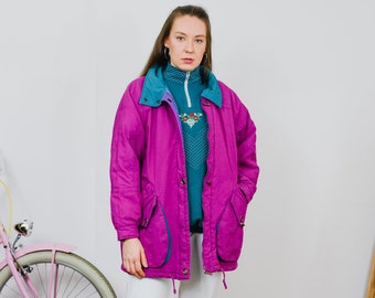 Purple puffy jacket 90's vintage violet warm puffer women hipster L Large