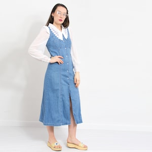 Vintage denim dress blue jean 90s midi sleeveless women size M
