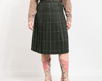 Falda vintage de lana pura a cuadros midi para mujer L