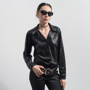Vintage Black Snake Pattern Shirt 90s Glossy M