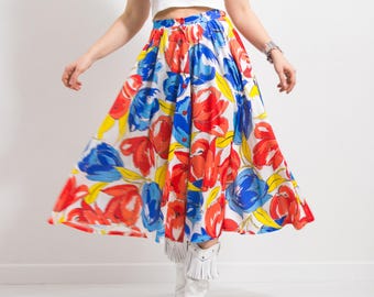 Saia midi floral arco-íris vintage com botões frontais P/M