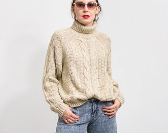 Minimalist turtle neck sweater Vintage beige pullover women size L/XL