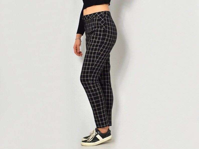Checkered pants RETRO Black trousers retro tapered leg vintage hipster L Large