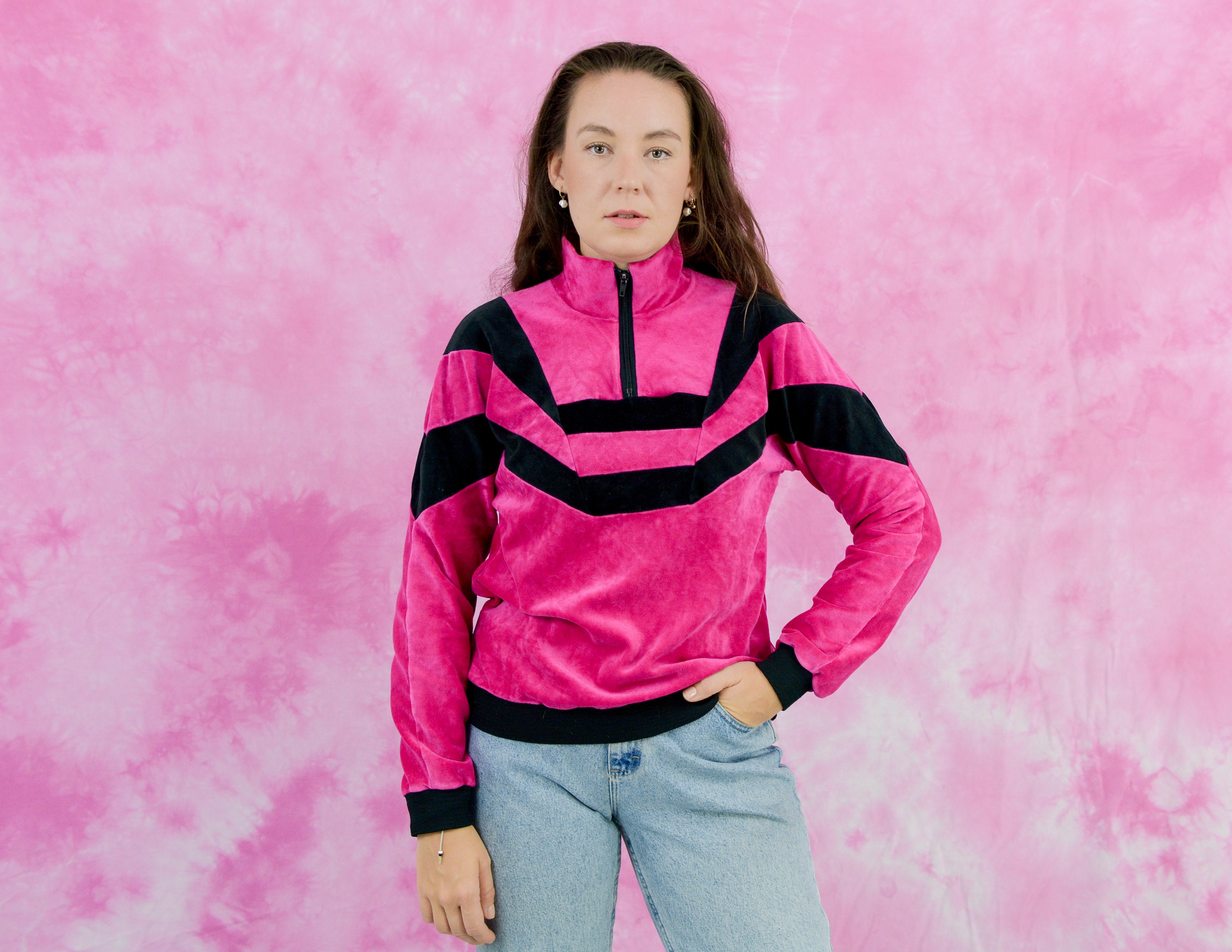 Pink Velvet Sweatshirt Zip up Velour Jumper Vintage Women M/L Etsy UK